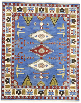 Farmho Boho Blue Geometric Kazak Oriental Rug