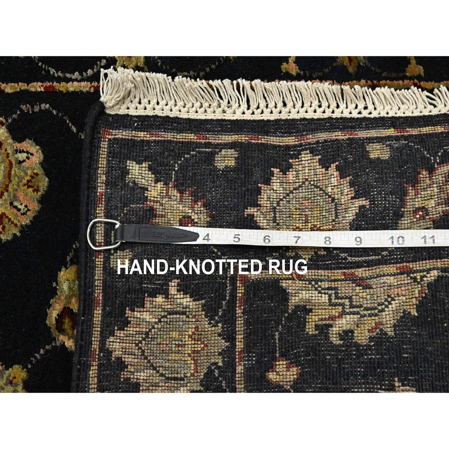 2'7"X12'3" Black Hand Knotted Wool-Silk Rajasthan Leaf Design Runner Rug