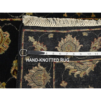 2'7"X12'3" Black Hand Knotted Wool-Silk Rajasthan Leaf Design Runner Rug