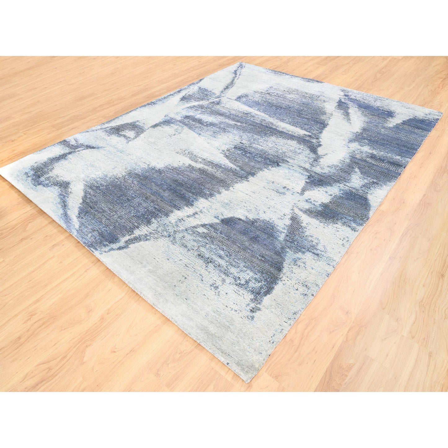 7'10"X10' Hand Knotted Black With A Mix Of Blue Modern Wool And Silk Rug