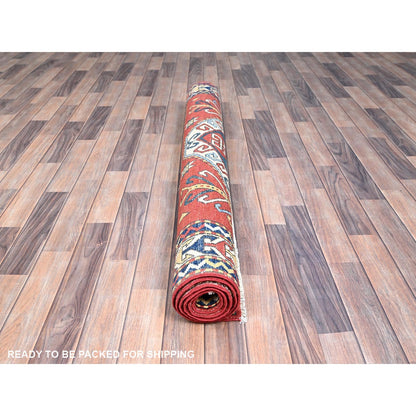 5'X6'6" Pepperoni Red Wool Antiqued Caucasian Swan Kazak Hand Knotted Rug