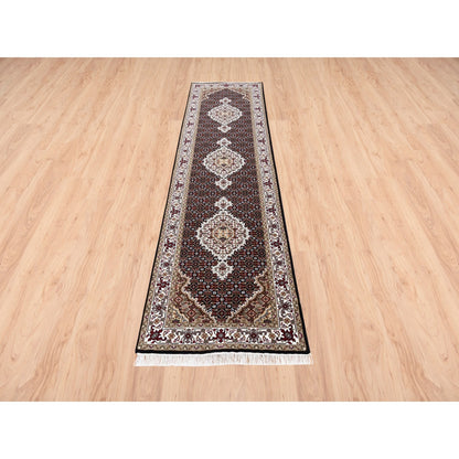 2'7"X10' Hand Knotted Fish Design Tebraz Mahi Wool And Silk Runner Rug