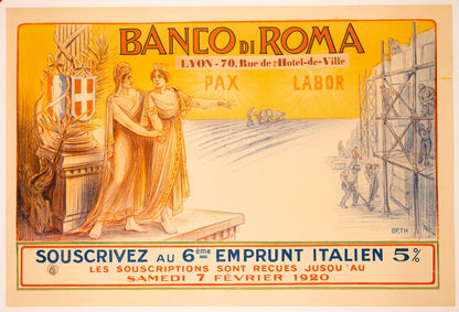 Banco Di Roma Emprunt Poster 1920 Orth Wwi War Loan France Italy Lithograph