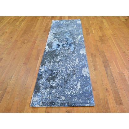 2'6"X10'2" Wool And Silk Abstract Design Gray Hand Knotted Runner Rug