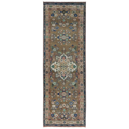 3'4"X9'9" Brown Vintage Farsian Amadan Worn Wool Hand Knotted Runner Rug