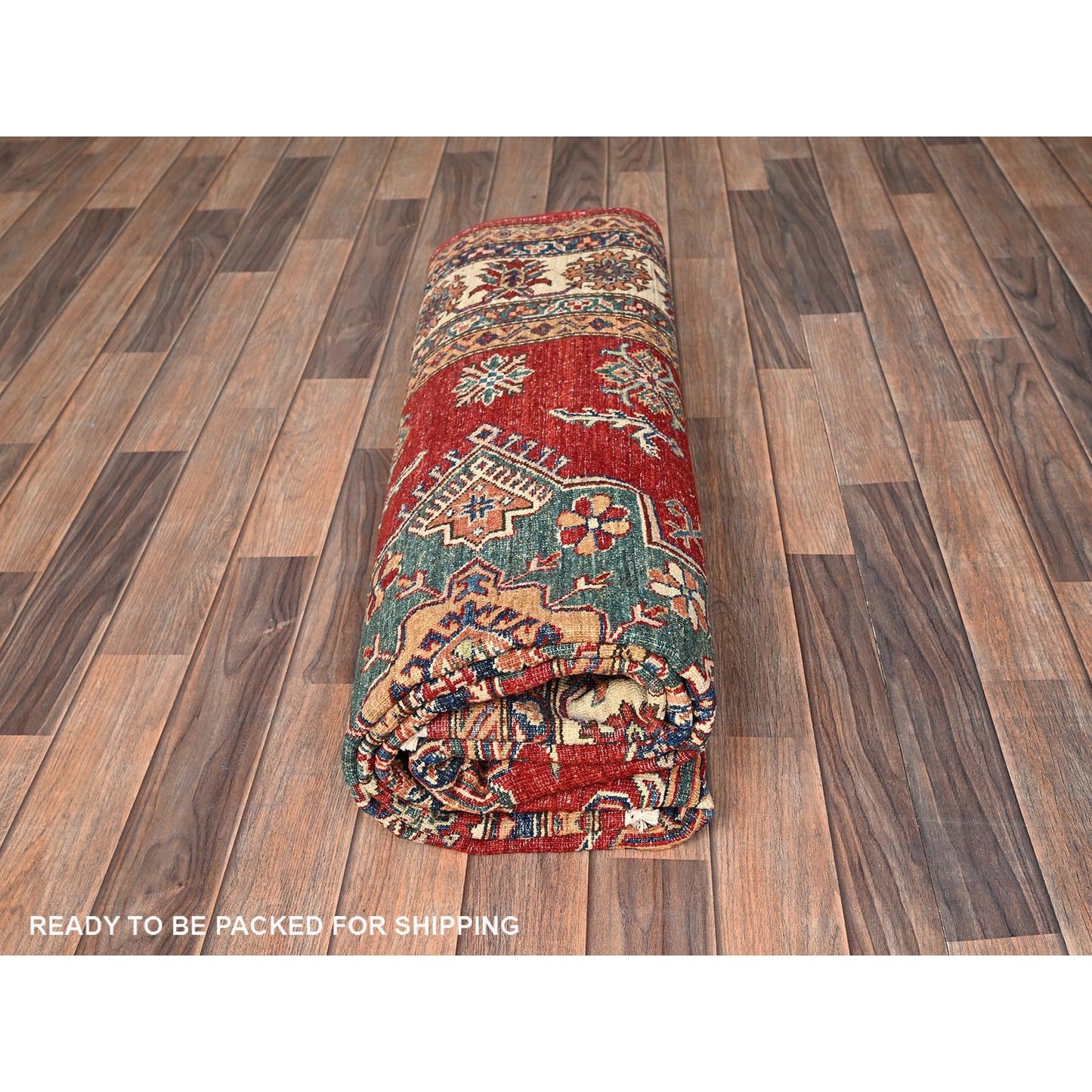 6'2"X8'6" Red Hand Knotted Afghan Super Kazak Medallions Design Wool Rug