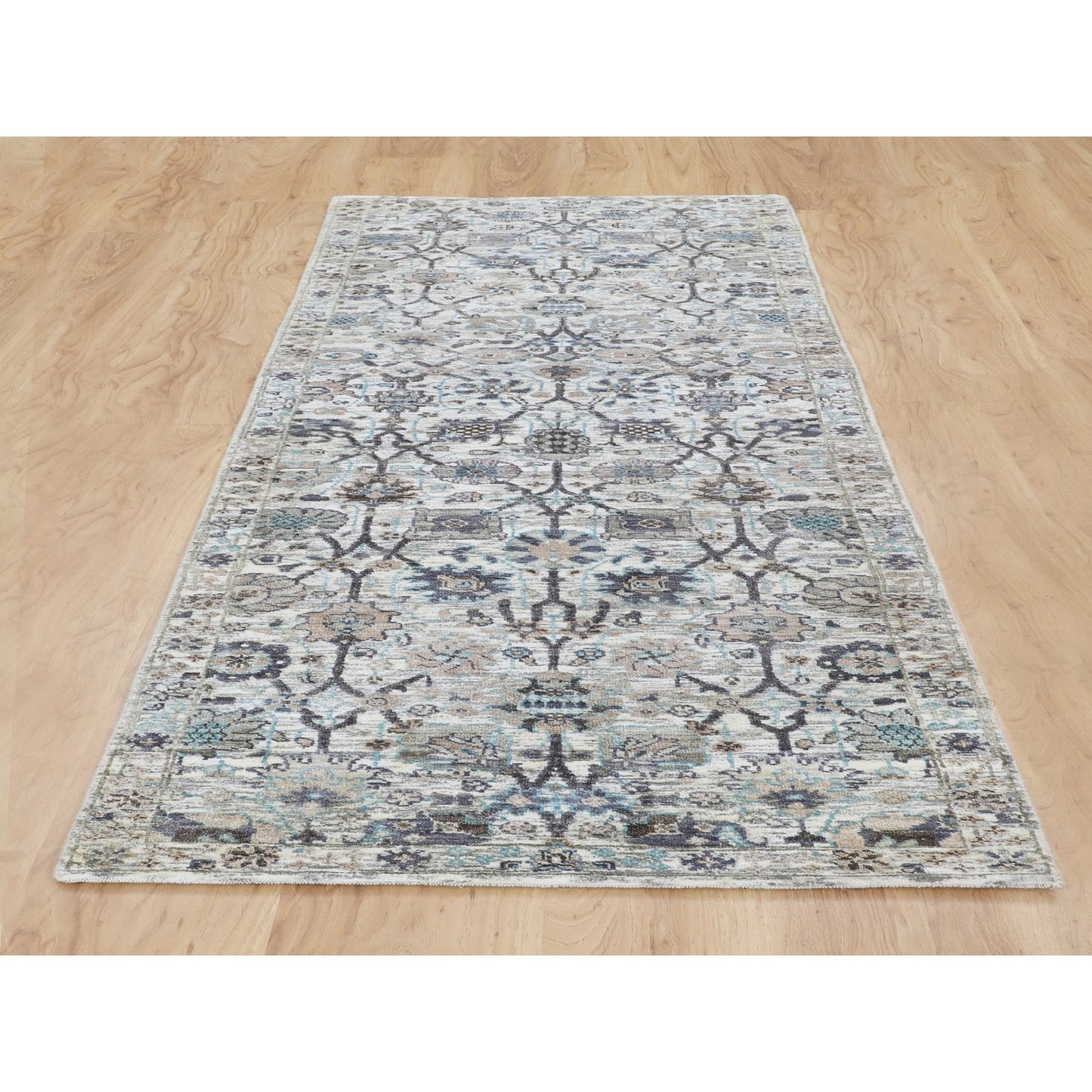 2'5"X8' Ivory Silk With Textured Wool Tebraz Design Hand Knotted Rug