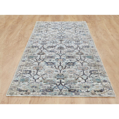 2'5"X8' Ivory Silk With Textured Wool Tebraz Design Hand Knotted Rug