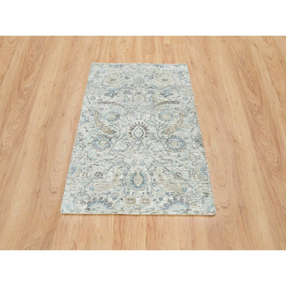 3'3"x5' Ivory Sickle Leaf Design Silk & Wool Hand Knotted Oriental Rug