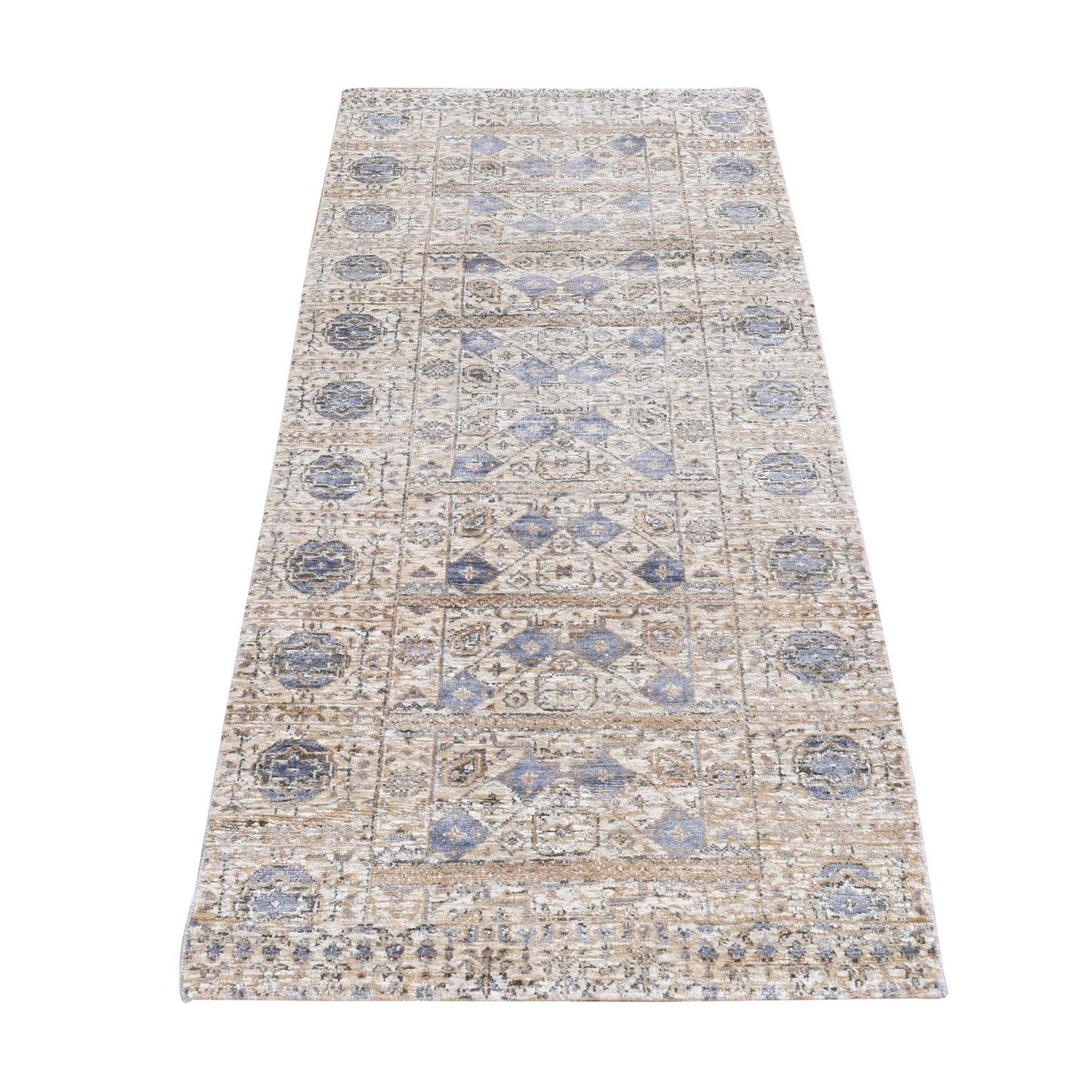 2'7"X6'1" Brown Silk With Wool Mamluk Design Hand Knotted Runner Rug