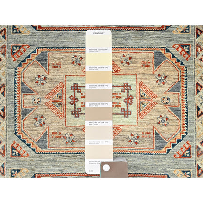 4'X9'5" Light Green Caucasian Design Soft Wool Hand Knotted Runner Rug