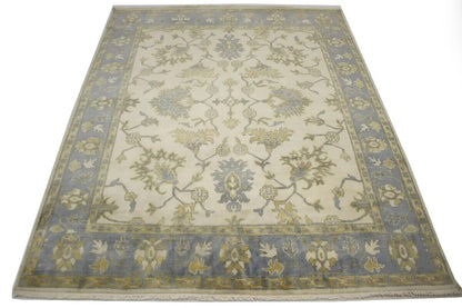 Hand-Knotted Oushak Chobi Wool Rug Cream Floral