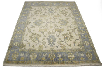 Hand-Knotted Oushak Chobi Wool Rug Cream Floral