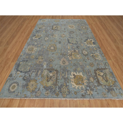 8'7"X12' Silt Green Pure Wool Rug Oushak With Leaf Pattern Hand Knotted
