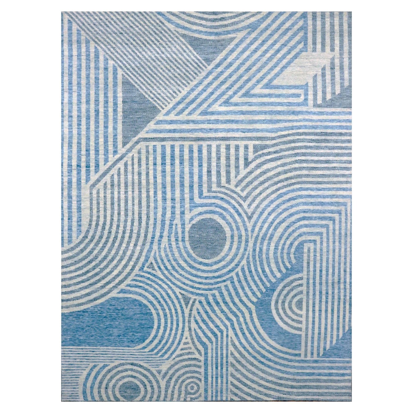 9'X12' Blue Hand Knotted Geometric Art Deco Collection Pure Wool Rug