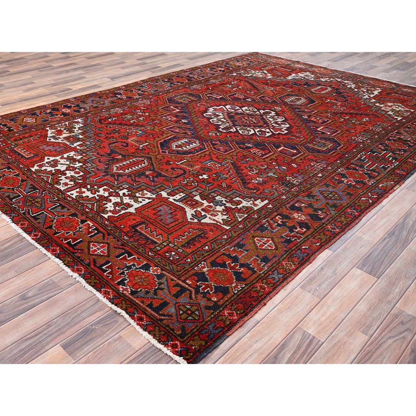 7'9"X11' Red Worn Wool Hand Knotted Semi Antique Zoroastrian Heris Rug