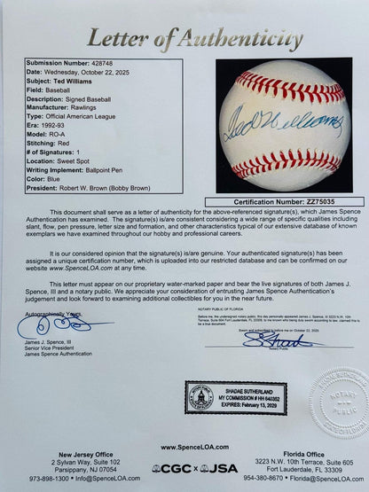 Ted Williams Autographed Official American League Baseball (Uda/Jsa)