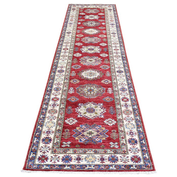 3'X11' Red Hand Knotted Wool Super Kazak Geometric Medallion Runner Rug