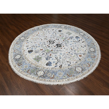 10'X10' Whirlwind Gray Wool Hand Knotted Floral Motifs Oushak Round Rug