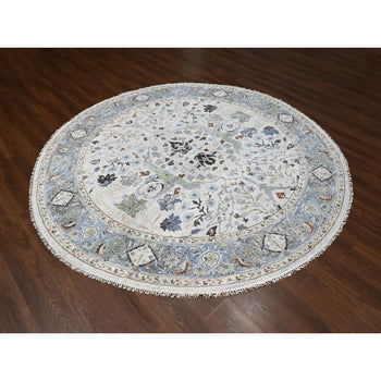 10'X10' Whirlwind Gray Wool Hand Knotted Floral Motifs Oushak Round Rug