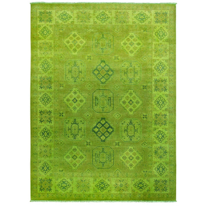 6'X8'2" Green Overdyed Kazak Geometric Design Hand Knotted Pure Wool Rug