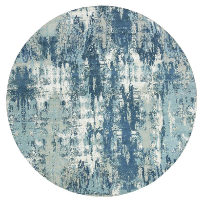 9'X9' Blue Hand Knotted Abstract Design Pure Silk And Wool Round Rug