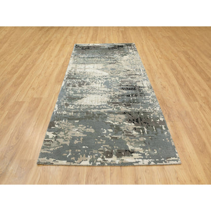 4'1"X10' Gray Abstract Design Wool And Silk Hi-Low Pile Hand Knotted Rug