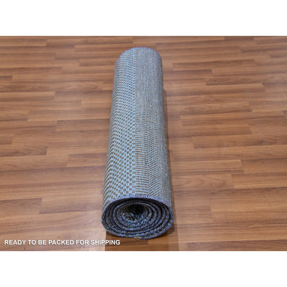 2'7"X9'6" Blue Hand Knotted Grass Design Dyed Wool And Silk Runner Rug