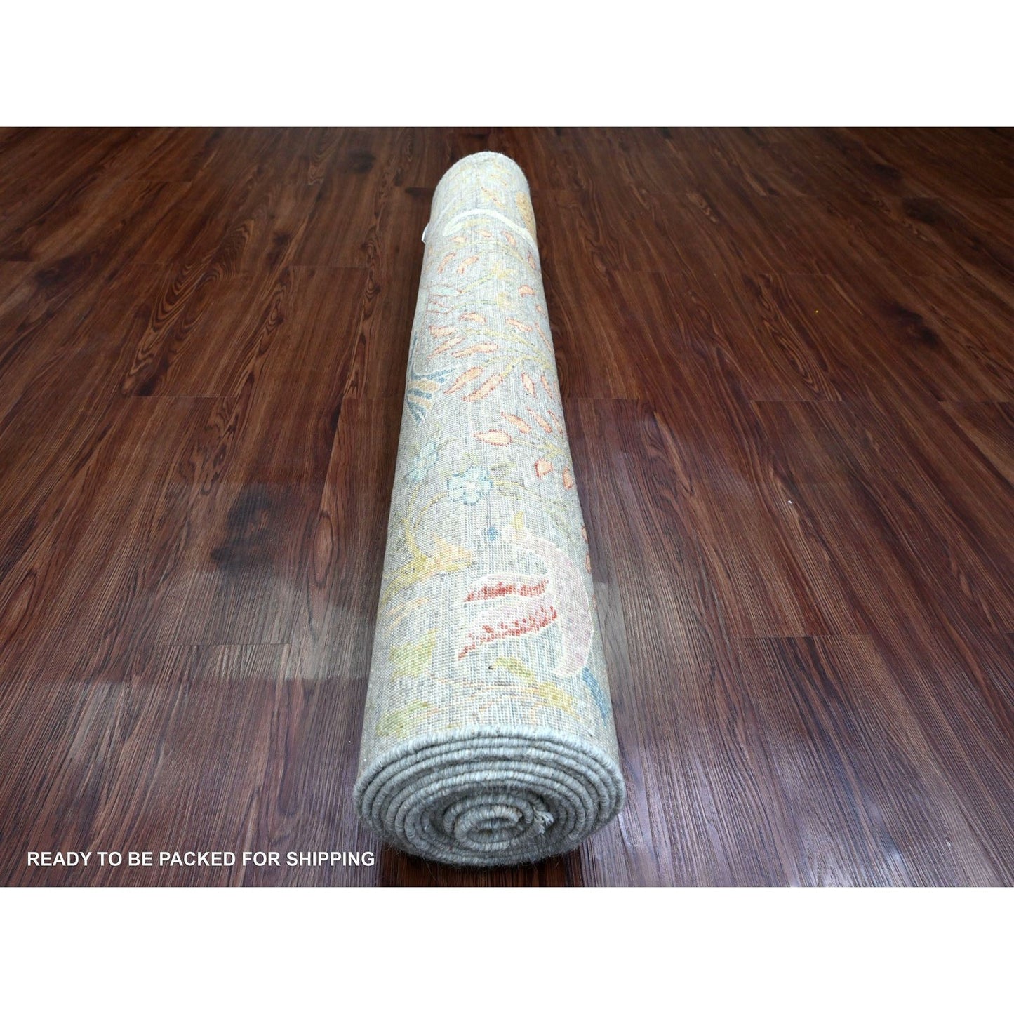 4'X15'9" Gray Wool Afghan Peshawar Birds Design Hand Knotted Runner Rug