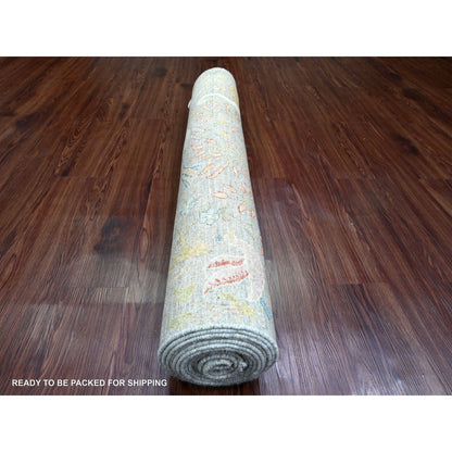 4'X15'9" Gray Wool Afghan Peshawar Birds Design Hand Knotted Runner Rug