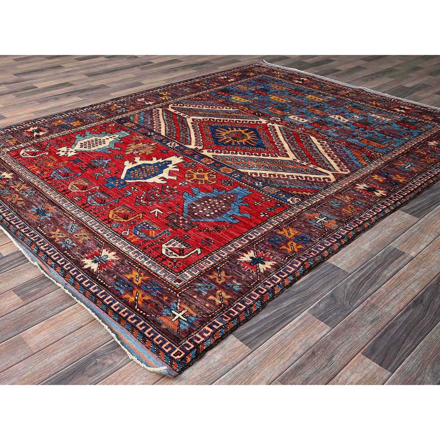 6'2"X8'3" Colorful Caucasian Design Revival Hand Knotted Soft Wool Rug