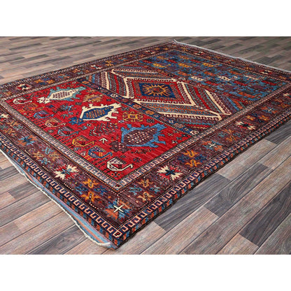 6'2"X8'3" Colorful Caucasian Design Revival Hand Knotted Soft Wool Rug