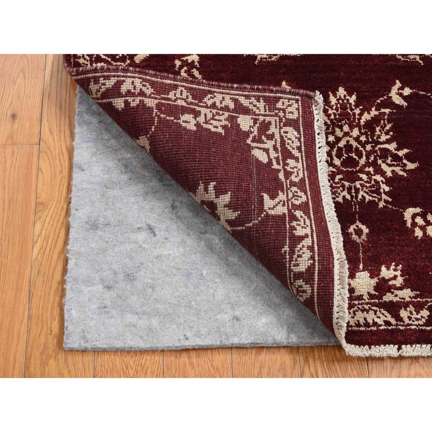 2'8"X6' Red Pure Wool Abarasque Design Hand Knotted Runner Rug