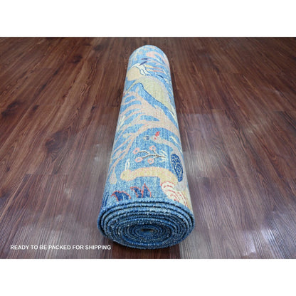 3'1"X19'4" Blue Afghan Peshawar Birds Design Hand Knotted Wool Runner Rug