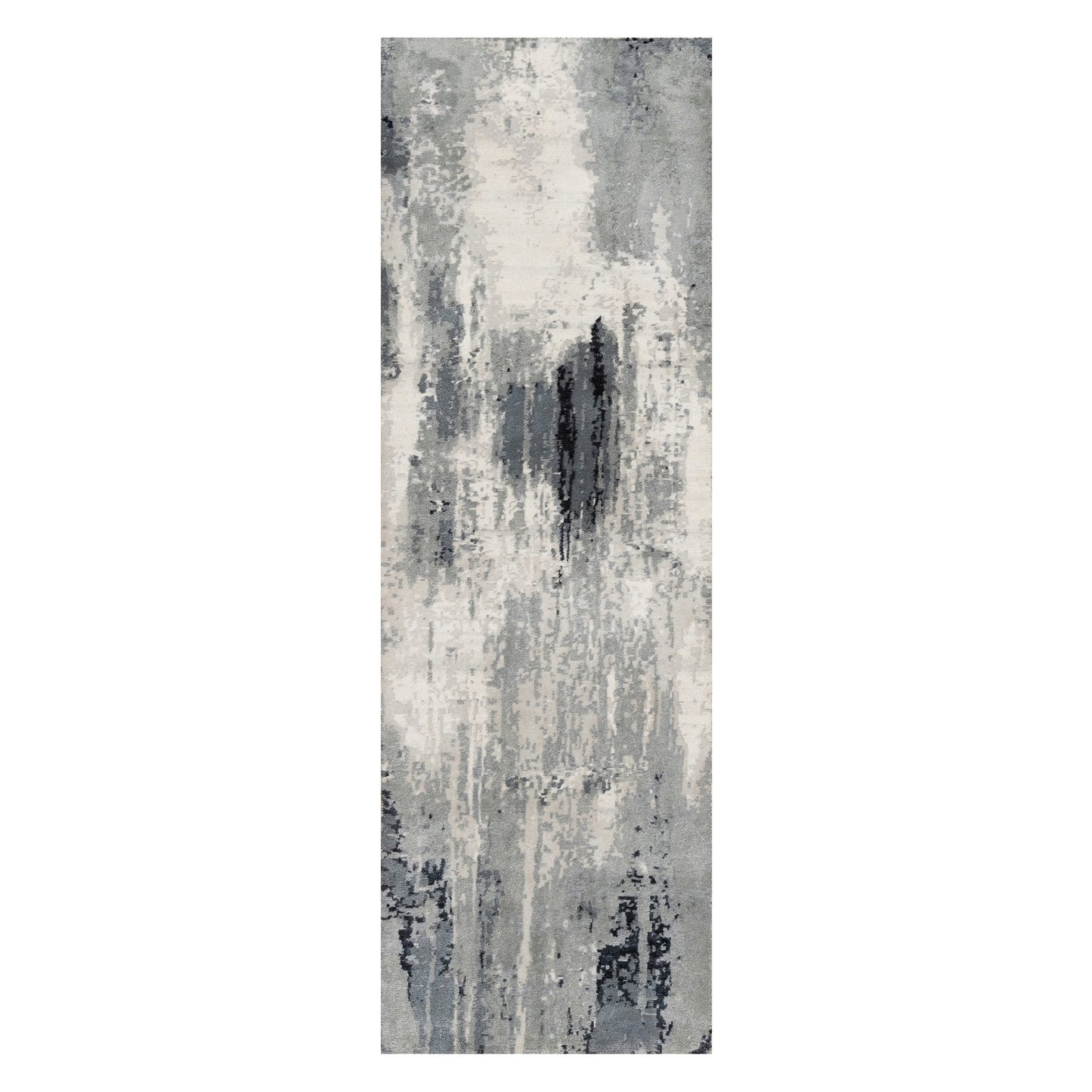 2'6"X8' Black Abstract Design Hand Knotted Wool And Silk Runner Rug