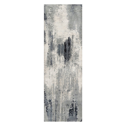 2'6"X8' Black Abstract Design Hand Knotted Wool And Silk Runner Rug