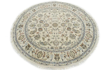 Hand-Knotted Indo-Nain Round Oriental Rug Cream