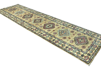 3X10 ft Beige Tribal Geometric Kazak Runner Wool