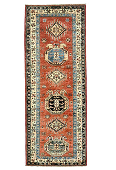 Handmade Kazak Runner Rug Rusty Red Tribal