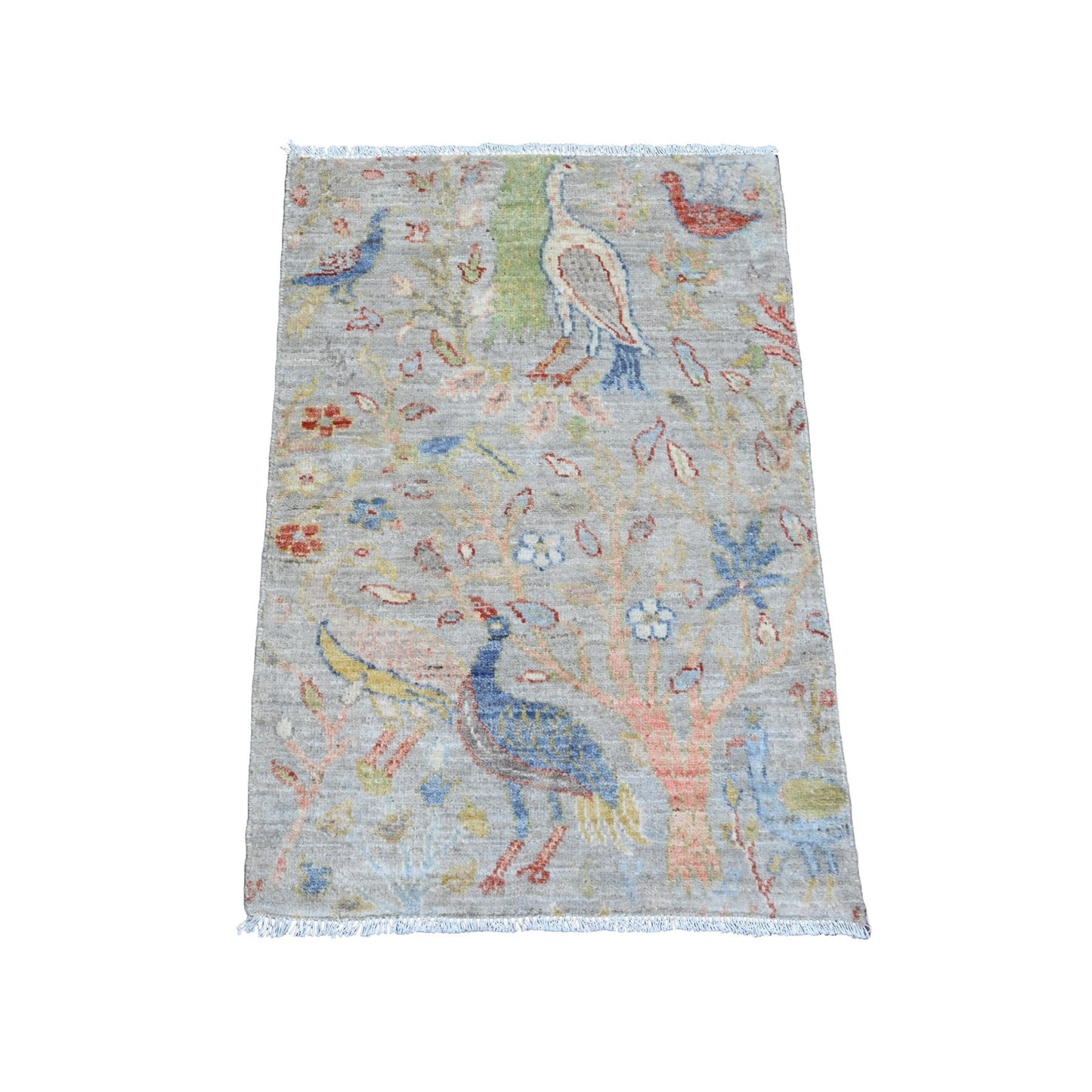 2'1"X3'1" Gray Afghan Peshawar Birds Design Hand Knotted Wool Sample Rug