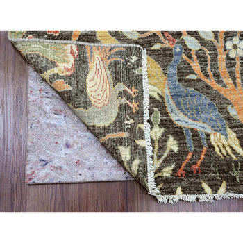 4'X12' Carbon Gray Peshawar Birds Design Hand Knotted All Wool Runner Rug