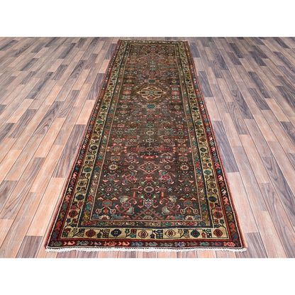 3'5"X10'4" Brown Semi Antique Hand Knotted Hamadan Wide Long Runner Rug