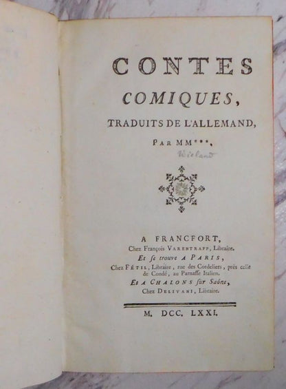 Wieland Contes Comiques 1771 Frankfurt Rare French Edition With Engraved Plate