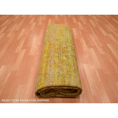 8'X9'3" Golden Brown With Green Modern Design Sari Silk Hand Knotted Rug