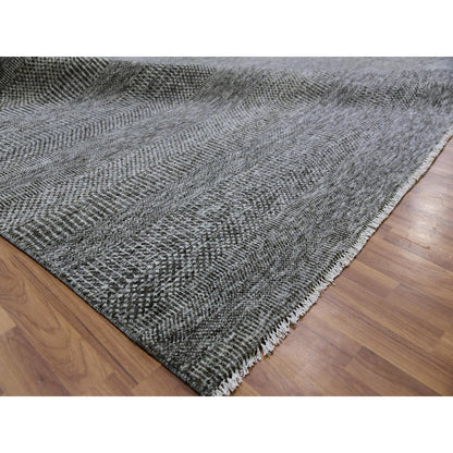 12'2"X15'2" Gray Undyed 100% Wool Grass Design Hand Knotted Oversized Rug