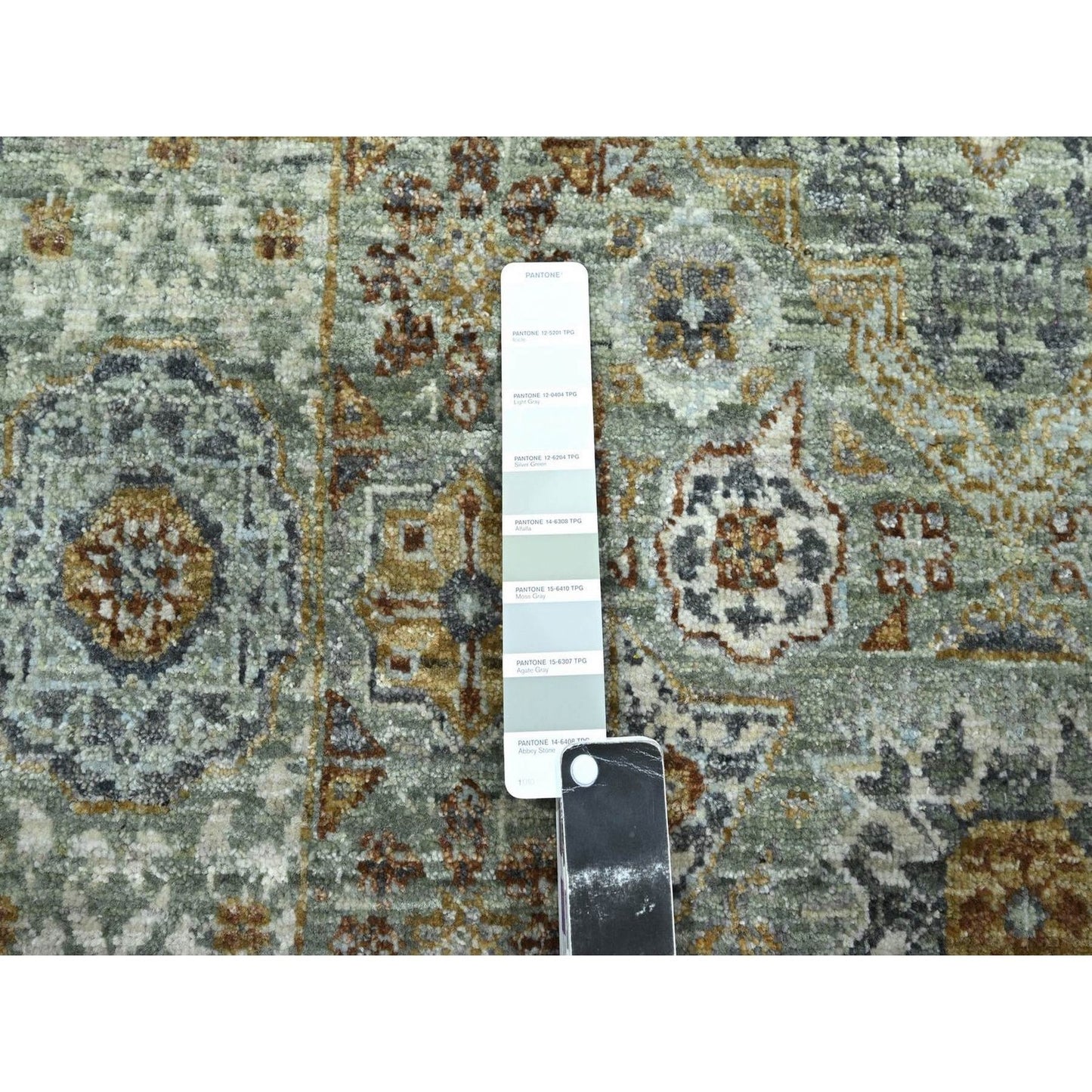 5'2"X7'2" Sage Green Pure Wool Rug Pre Historic Mamluk Design Hand Knotted