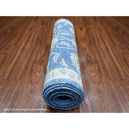 2'8"X11'8" Blue Soft Wool Hand Knotted Finer Peshawar Runner Rug