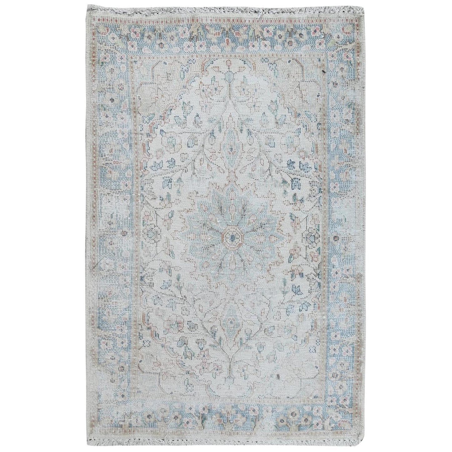 1'10"X2'10" Ivory Hand Knotted Vintage Farsian Karman Worn Wool Mat Rug