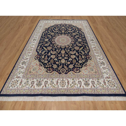 9'X12'2" Midnight Blue Nain Flower Design Wool And Silk Hand Knotted Rug