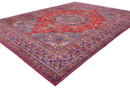 Vintage Hand-Knotted Wool Oriental Rug 10X13 Red Floral Classic Design Carpet